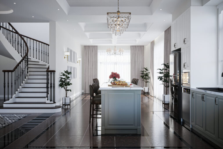 Fabulous hallway features a staircase next to the open kitchen, white and classic interior