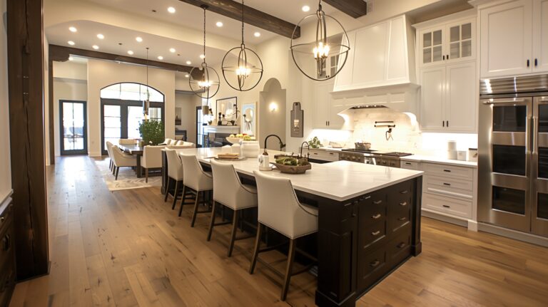 A family-friendly kitchen with a large island, plenty of storage, and a dining area
