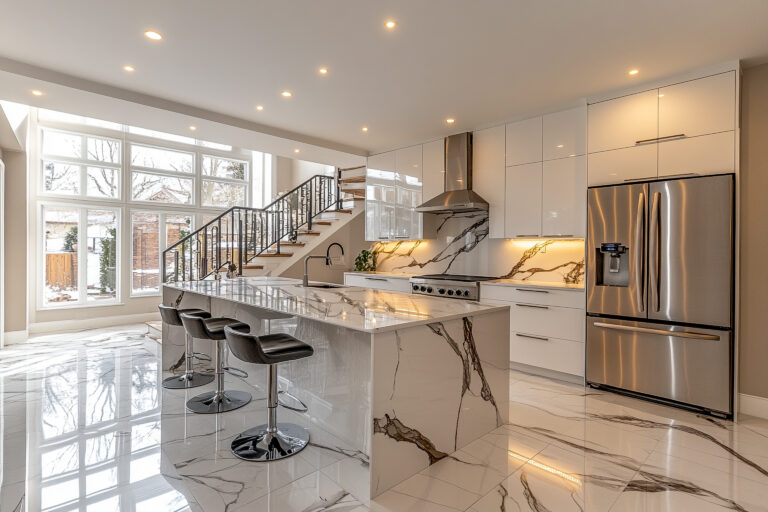 Minimalist kitchen featuring clean white cabinetry, sleek countertops, and modern appliances.