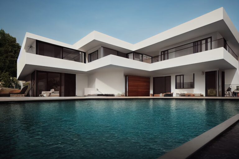 Luxury pool villa spectacular contemporary design digital art real estate , home, house and property, Generative AI illustration.