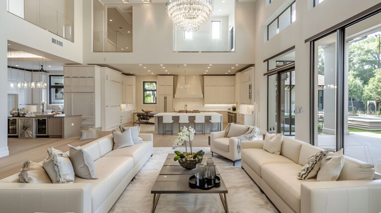 This image showcases a lavish living area boasting a pearl-white sofa set and a high-end gourmet kitchen in the background The open floor plan creates a sense of spaciousness, while the glassblown